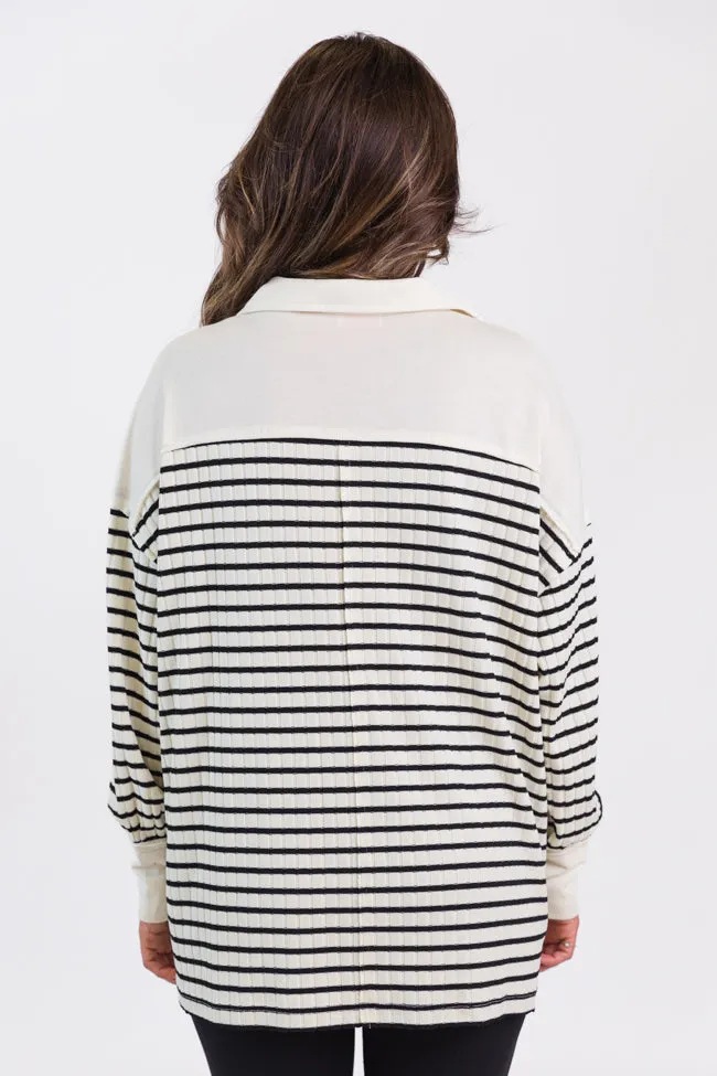 This Is The Life Black Striped Collared Henley Oversized Knit Top