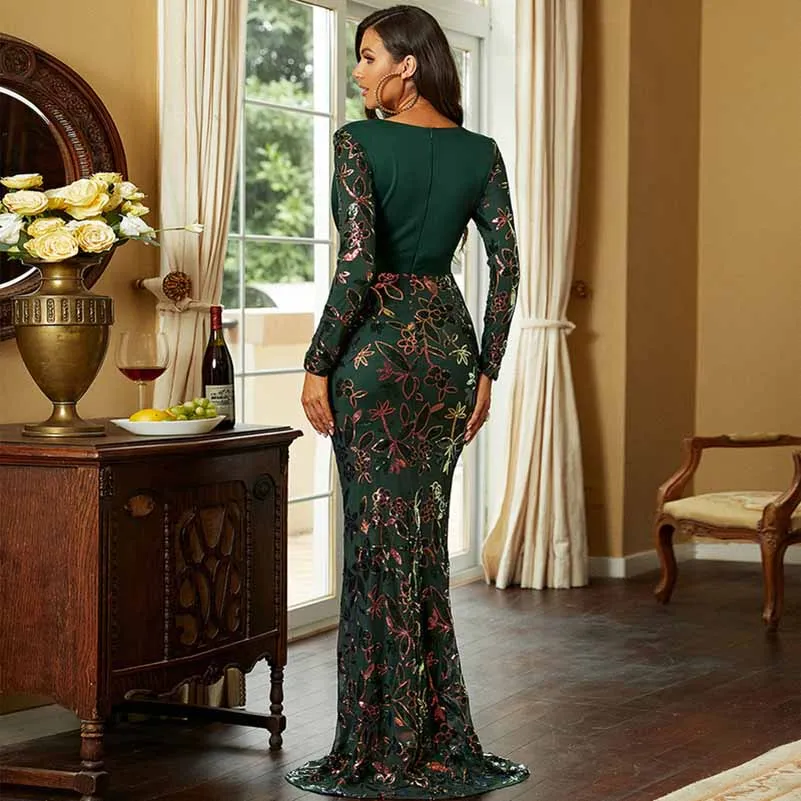 Wedding V-Neck Long Sleeve Sequins Hip Wrap Fishtail Evening Dress