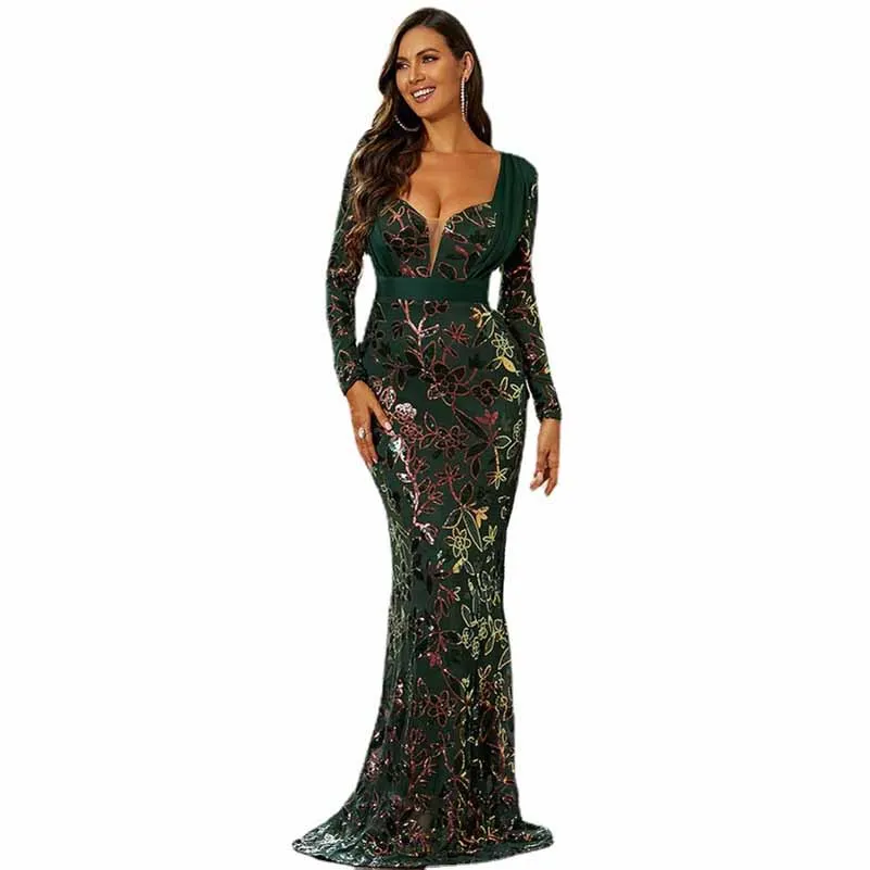 Wedding V-Neck Long Sleeve Sequins Hip Wrap Fishtail Evening Dress