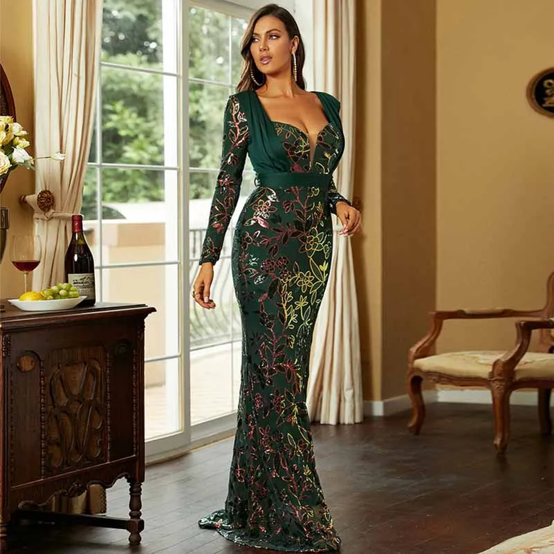 Wedding V-Neck Long Sleeve Sequins Hip Wrap Fishtail Evening Dress