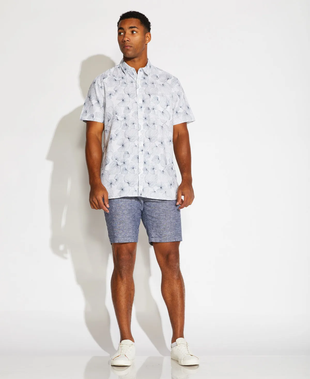 Whittier Printed Linen Blend Shirt (White)