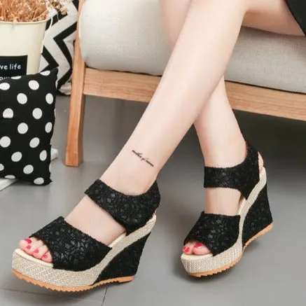 Women flower hollow magic tape peep toe wedge platform sandals