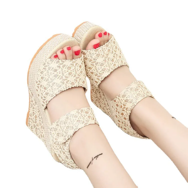 Women flower hollow magic tape peep toe wedge platform sandals