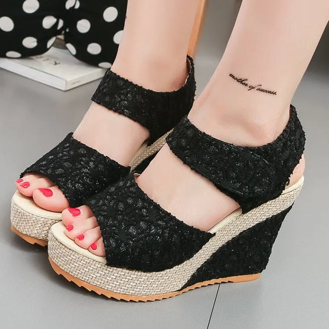 Women flower hollow magic tape peep toe wedge platform sandals