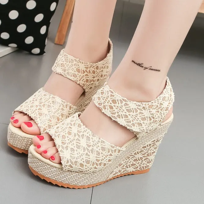 Women flower hollow magic tape peep toe wedge platform sandals