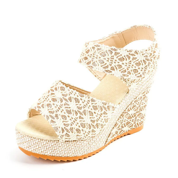 Women flower hollow magic tape peep toe wedge platform sandals