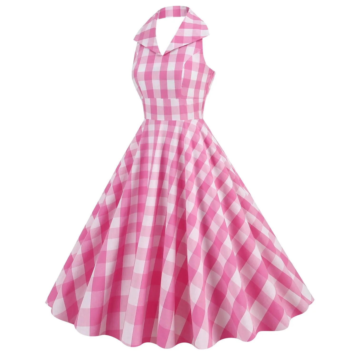 Women Vintage 1950s Halter Cocktail Party Swing Prom Rockabilly Pink Plaid Dresses