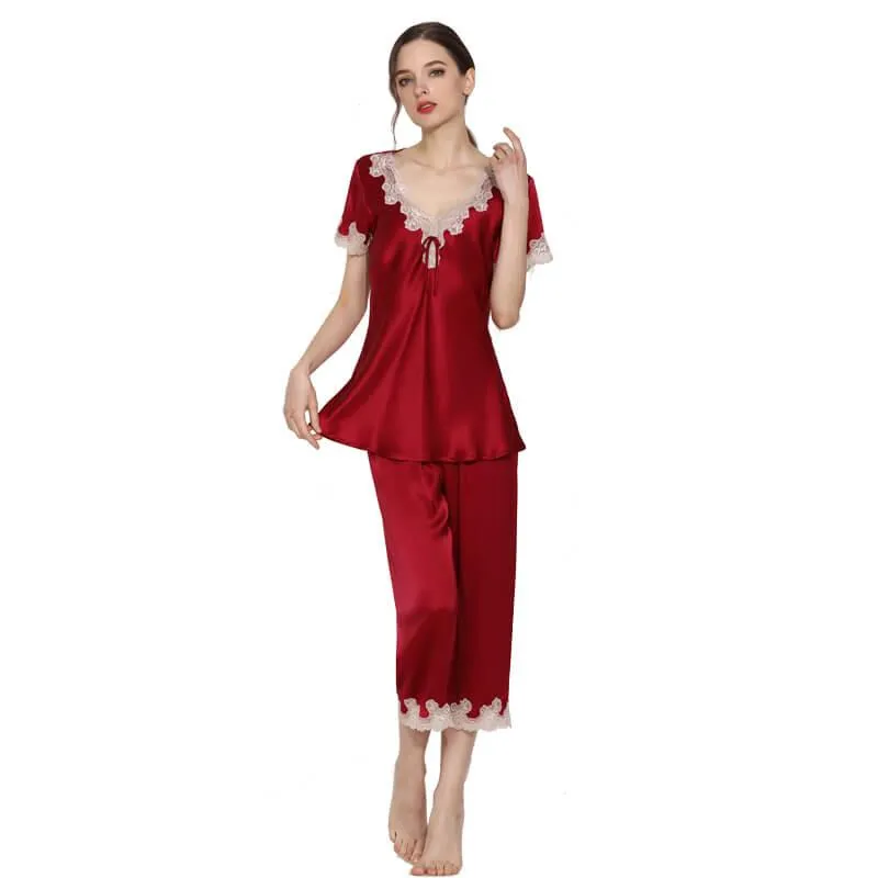 Women's 100% Silk Pajama Set Luxury  Short Set with Lace Trimming