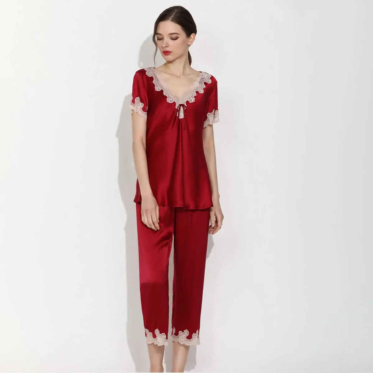 Women's 100% Silk Pajama Set Luxury  Short Set with Lace Trimming