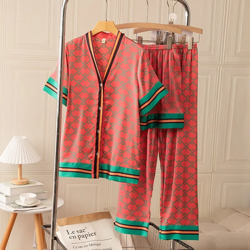 Womens Long Sleeved  Ice Silk Printed Fashion Pyjama Set