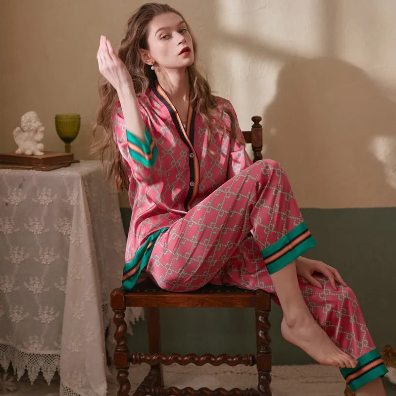 Womens Long Sleeved  Ice Silk Printed Fashion Pyjama Set