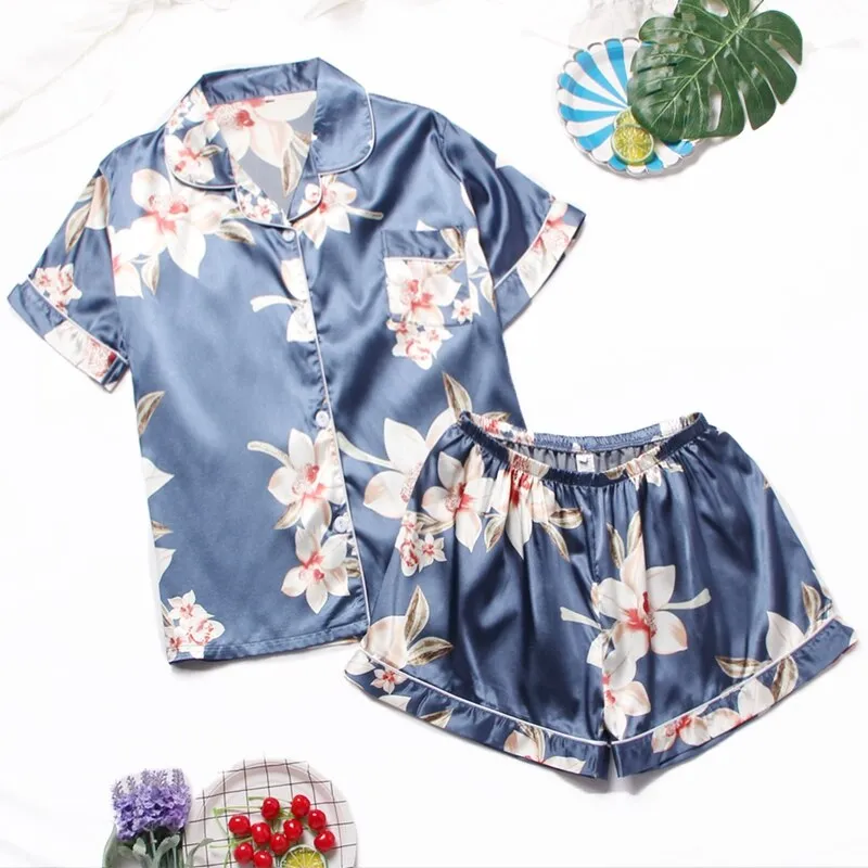 Womens Luxury Satin Silk Short Sleeve Pyjama Set