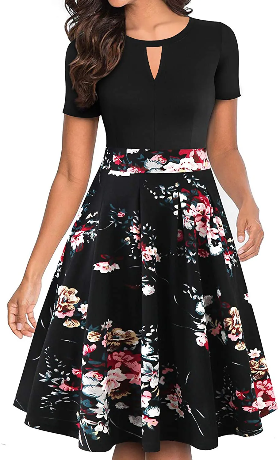 YATHON Women's Vintage Floral Flared A-Line Swing Casual Party Dresses with Pockets