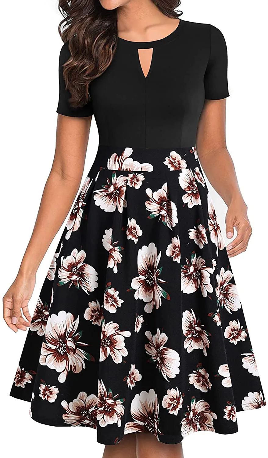 YATHON Women's Vintage Floral Flared A-Line Swing Casual Party Dresses with Pockets