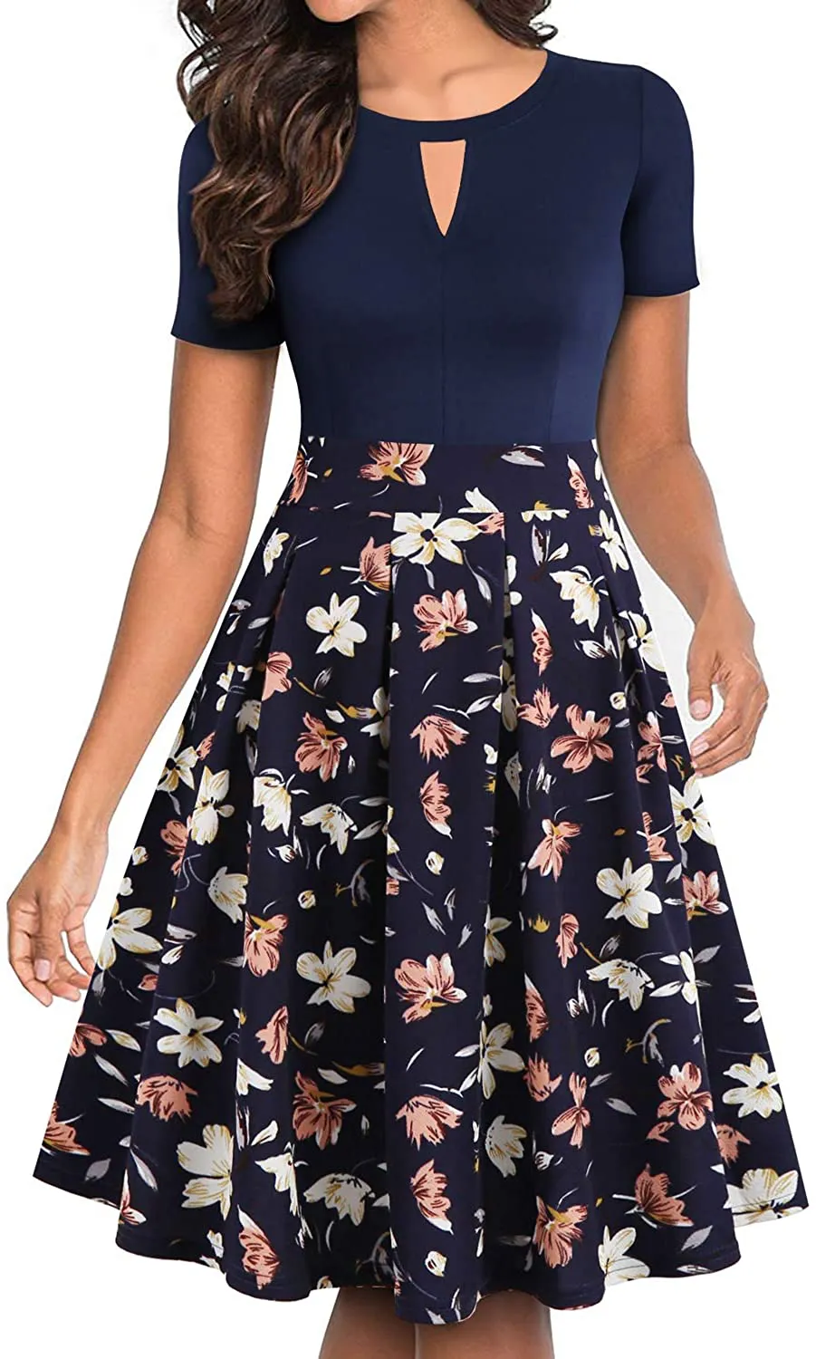 YATHON Women's Vintage Floral Flared A-Line Swing Casual Party Dresses with Pockets